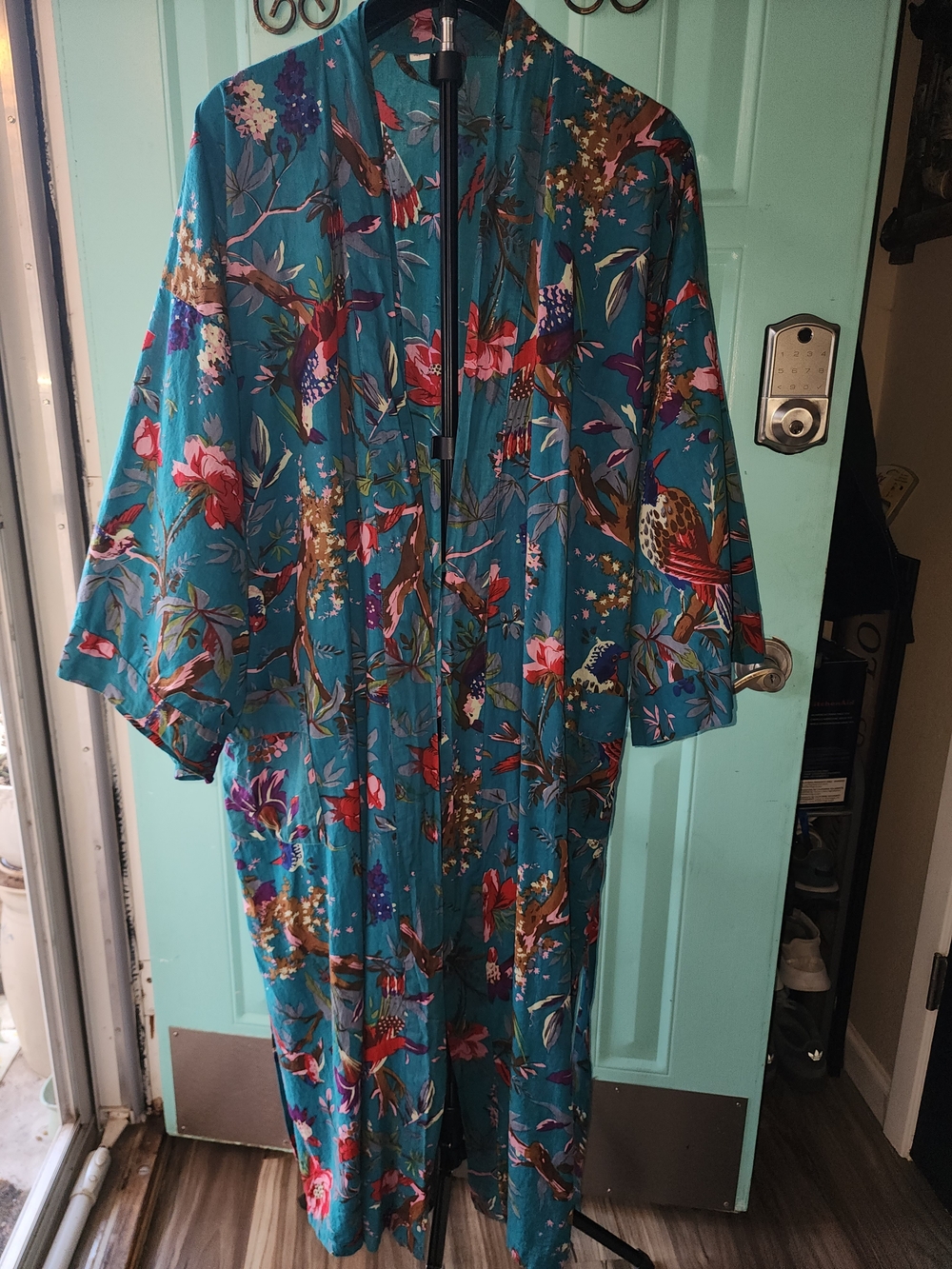 Floral Teal Kimono Robe with Bird Print